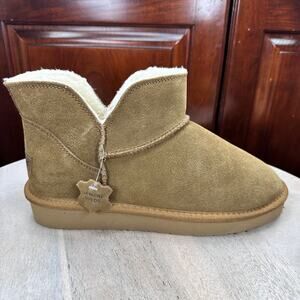 Minnetonka Mavie Womens Shearling Boots Size 10 Natural Tan Suede Pull On Boot